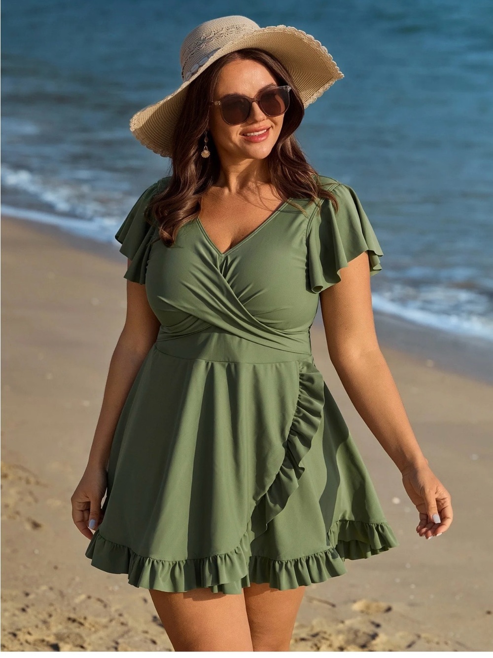 BloomChic Ruffled Sleeve Curvy Hem Swim Dress